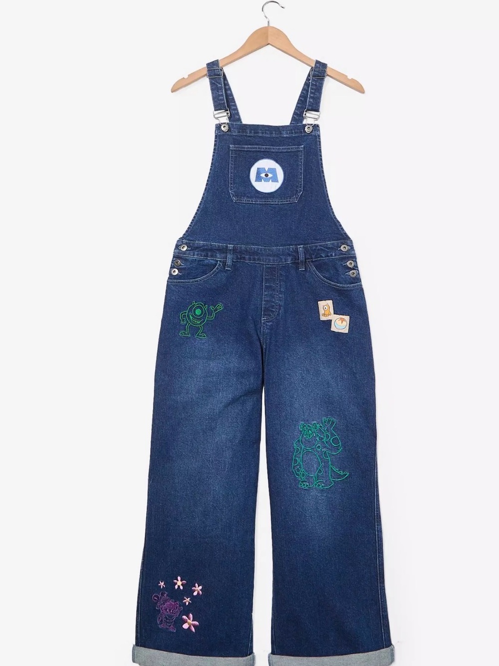 Wide-Leg Denim Overalls with Playful Embroidery - Blue